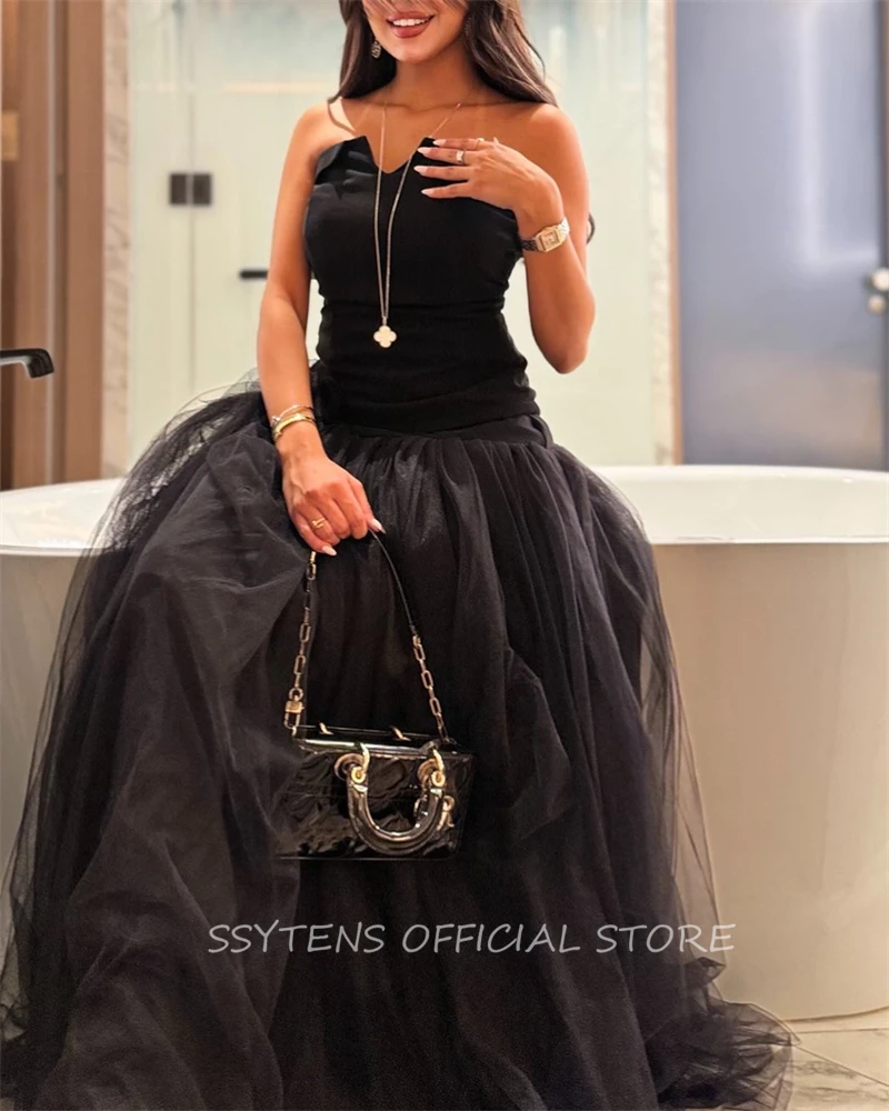 Black Satin Strapless Prom Dresses Sleeveless A Line Arabic Dubai Evening Cocktail Party Dress Tulle Formal Gowns Vestidos De Fe