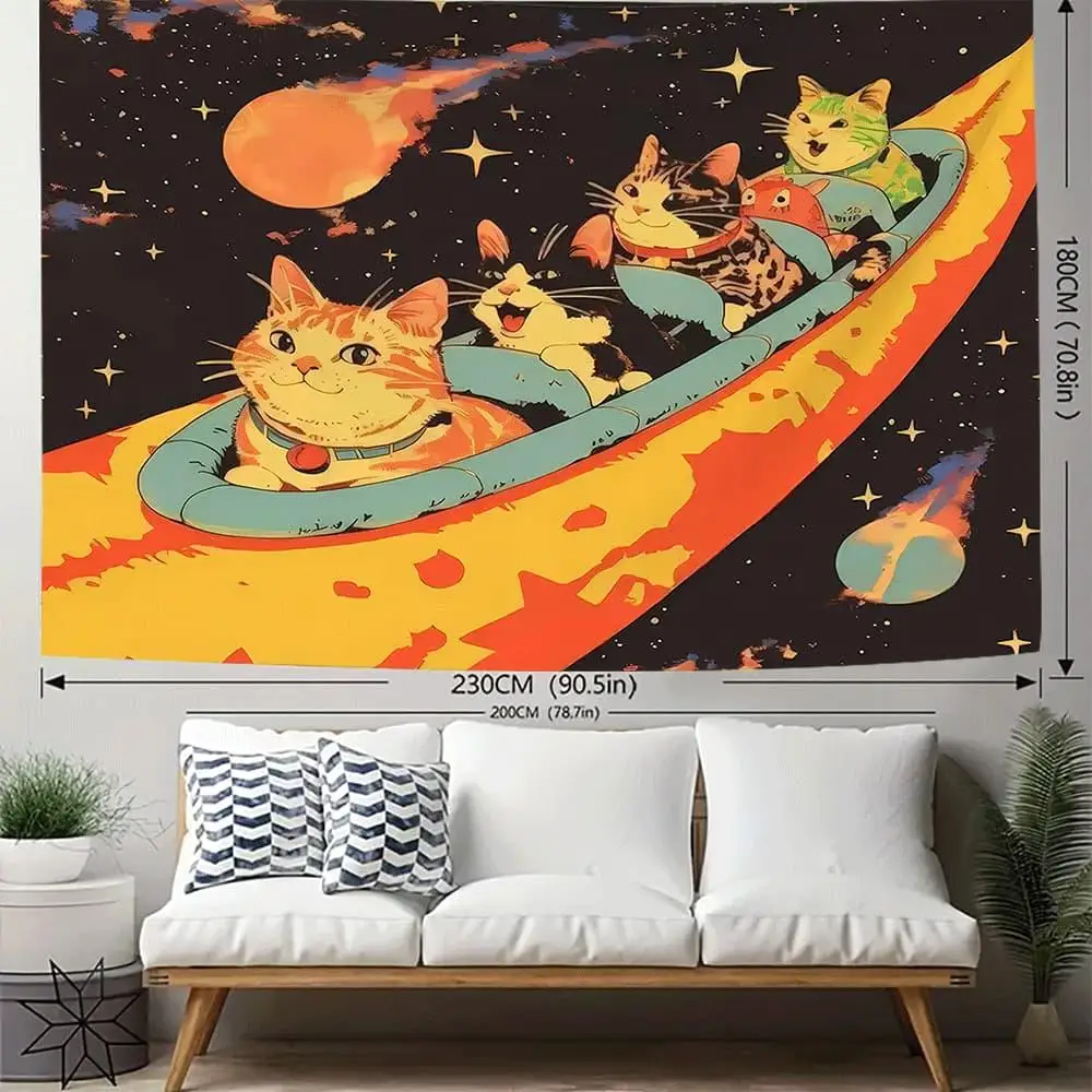 Cute Cats in Spaceship Tapestry Funny Space Travel Wall Hanging Galaxy Starry Sky Tapestry Boho Home Decor for Bedroom Living