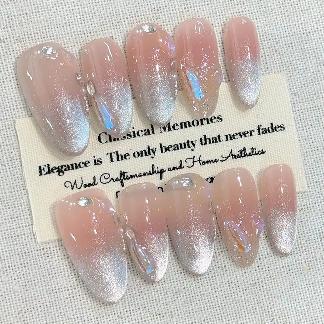 

10Pcs Short Handmade Almond Press on Nails with Cat Eye Shiny Designs Wearable Nail Tips Art French Butterfly 3D Finished Nails