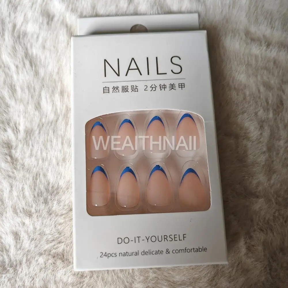 24 mittelgroße, mandelförmige, schlichte, feste künstliche Nägel im französischen Stil, einschließlich 1-Kleber- und 1-Gelee-Kleber-Set