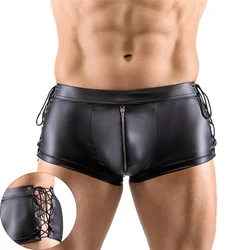 Mens Sexy Underwear Latex Wetlook Tight Pants Leather Lace-up Zipper Boxer Shorts Men Nightclub PU Leather Shorts Dance Clubwear