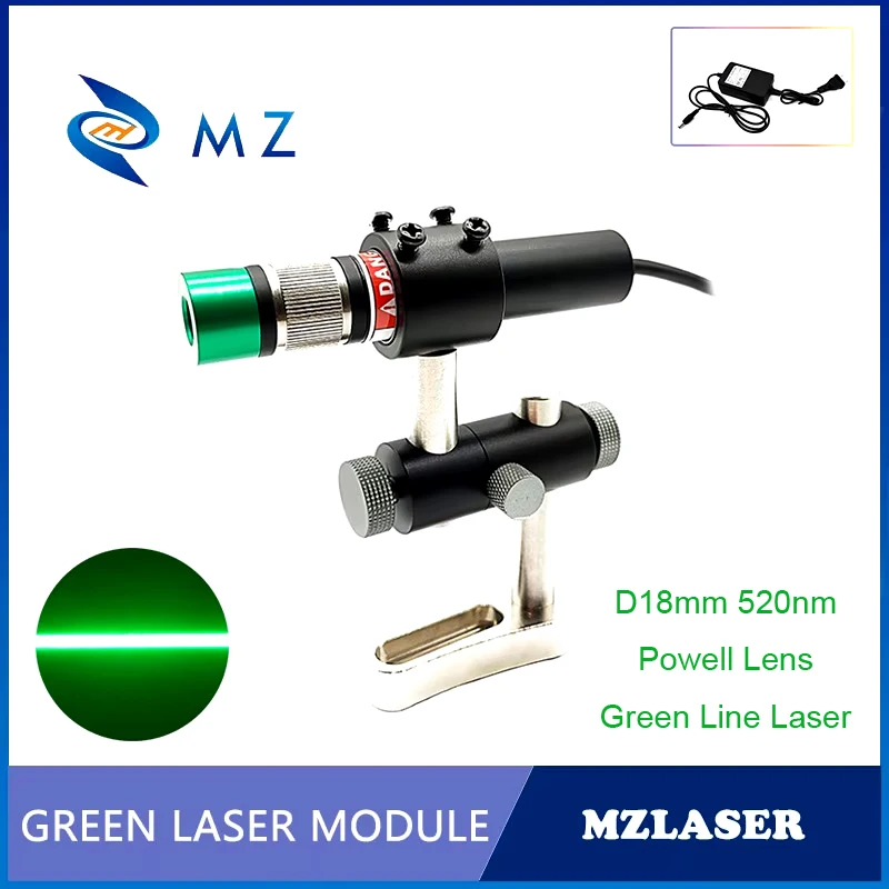 Powell lente linha verde módulo de diodo laser foco ajustável d18mm 520nm 100mw 200mw 300mw 12v industrial com adaptador de suporte