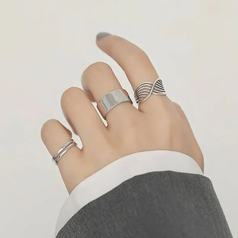 Minimalist Silver Opening Rings Trendy Multilayer Lines Hollow Out Geometric Party Jewelry Gifts for Women Girls Accessories