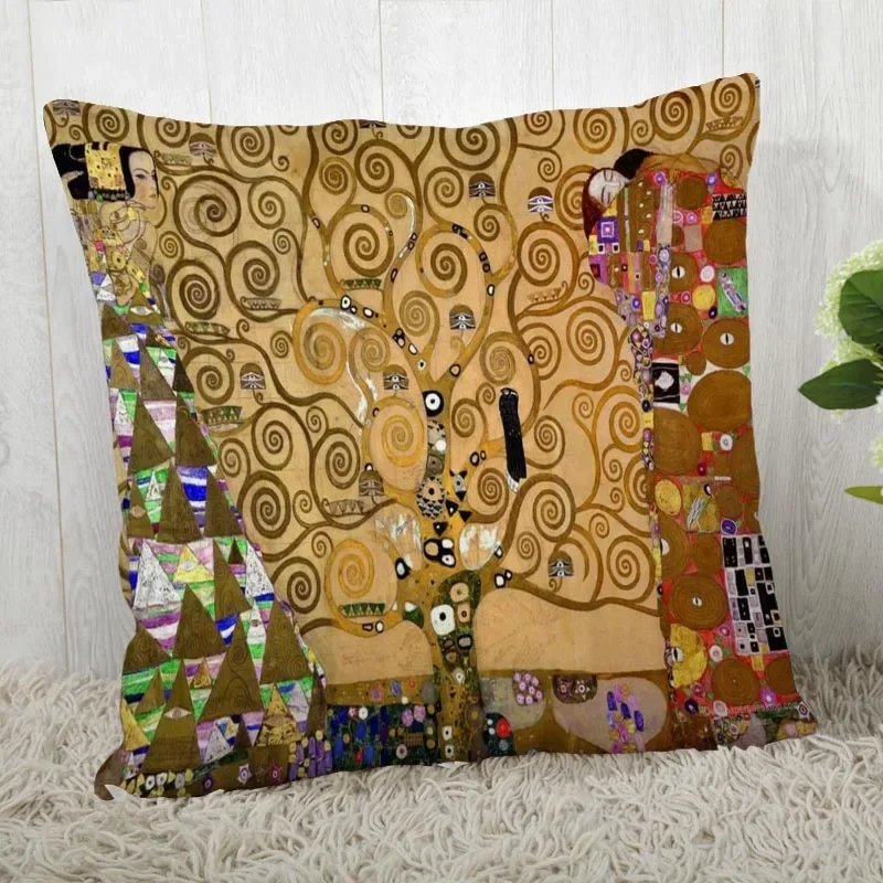 Gustav Klimt Art Pillowcase Home Sofa Office Cushion Satin Fabric Pillow Cushion Cover Size 40X40cm One Sides