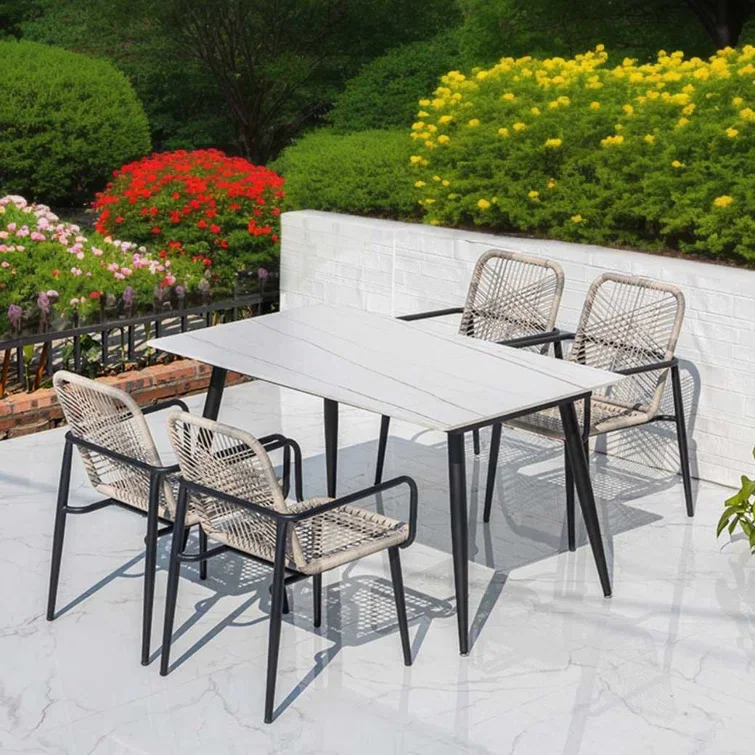 

Modern Outdoor Dining Table Chair Set 4-Person Garden Patio Furniture Rope Restaurant Set
