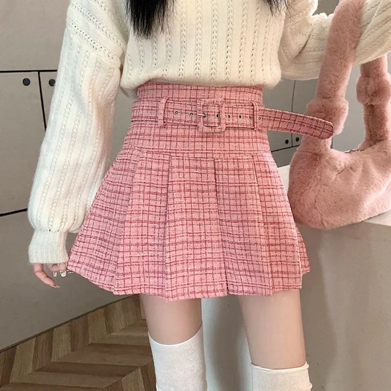 Lucyever Korean Fashion with Belt Pleated Skirts Women All-Match Pink High Waist Mini Skirts 2025 New Street Plaid Skirts Woman