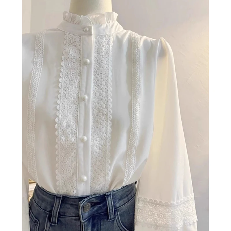 الدانتيل لوحة المرقعة بلوزة بيضاء المرأة كشكش طوق كم طويل قميص أنيق لوليتا صف واحد أزرار Jk بلوزات غير رسمية على الموضة #6