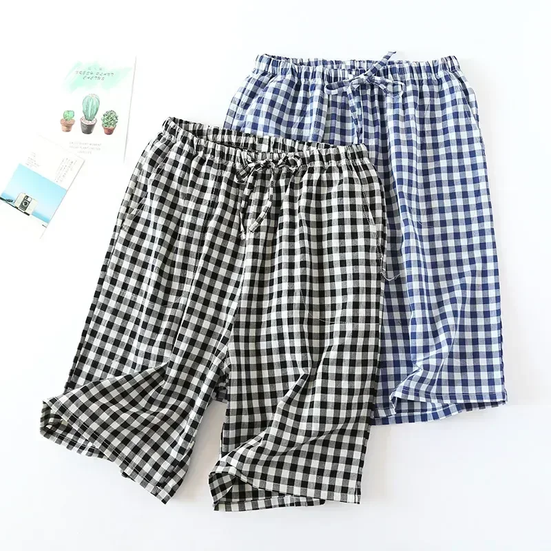 Wear Sleep Pants Men Sand Plaid Cotton Casual Elastic Shorts Bottoms Pajamas Home Gauze Fashion Lounge Band Loose Boxers Men's