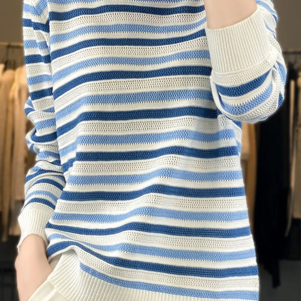 

Women's Rainbow Striped Sweater Long Sleeve Crewneck Top Autumn Fashion All-match Color Block Knitwear for Ladies