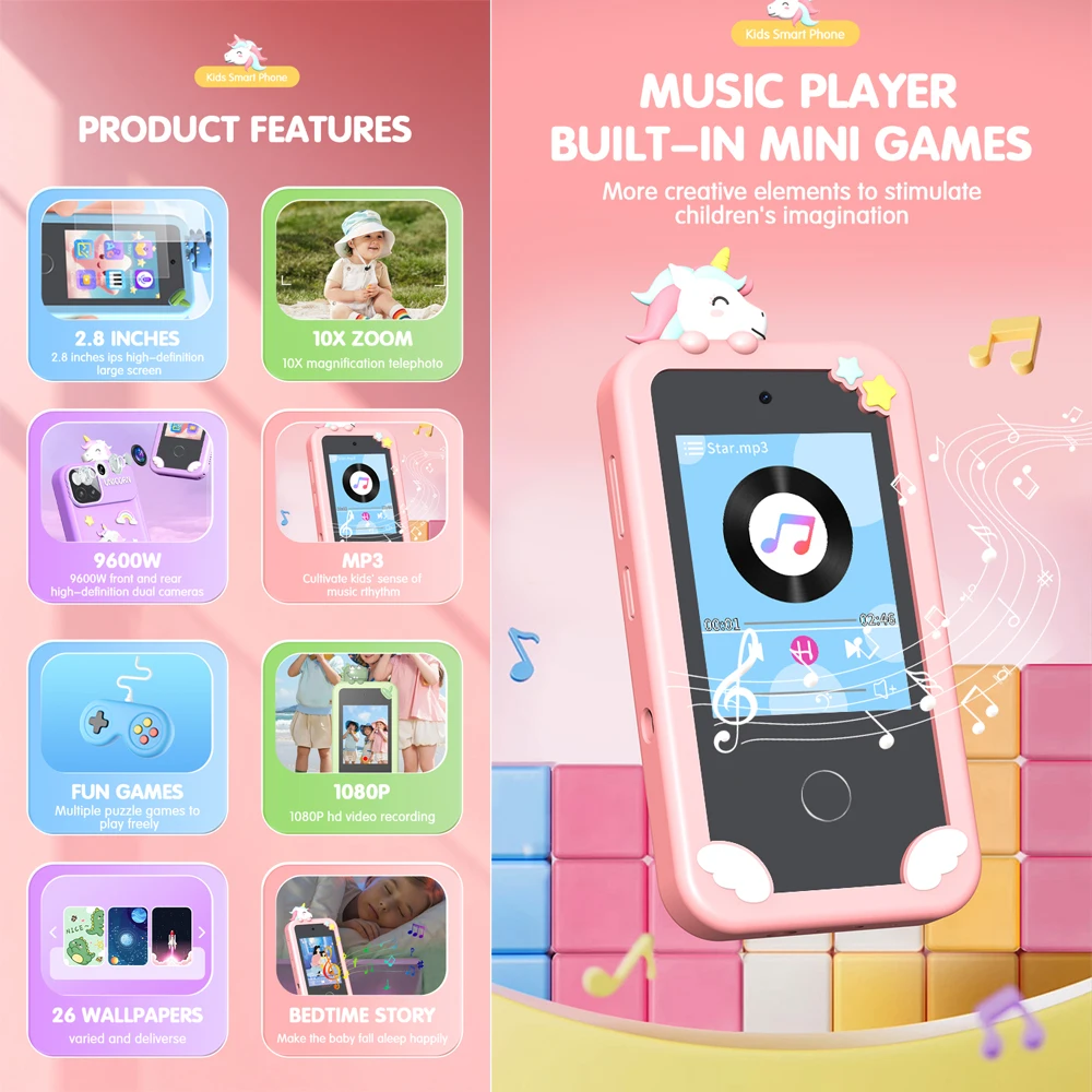 Kids Toys Phone Camera Touch Screen Baby Smart Mobile Phone MP3 Player Digital Educational Toys for Girls Boys Age 3-8Y Birthday