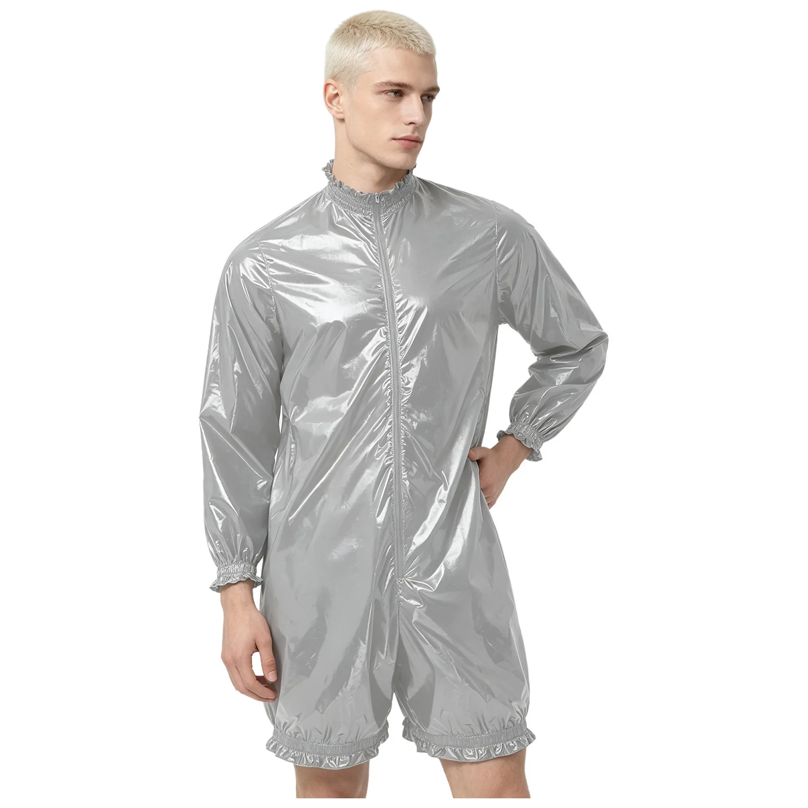 Herren Wasserdichter Vinyl-Bodysuit Badeanzug Langarm Vorderer Reißverschluss Kurze Hose Leotard Overall Gerüschter Windelüberzug Einteiler – Detail 5