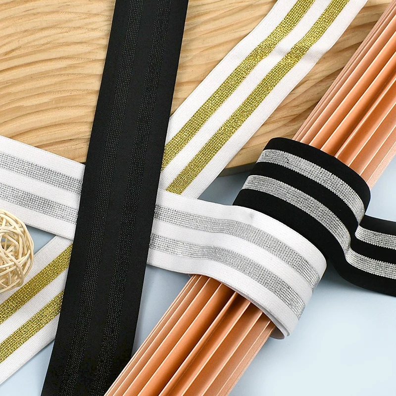 

2/5/10M 40/50mm Gold Silver Striped Elastic Band Bra Elasticity Strap Pants Waistband Stretch Ribbon Sports Belt DIY Accessories
