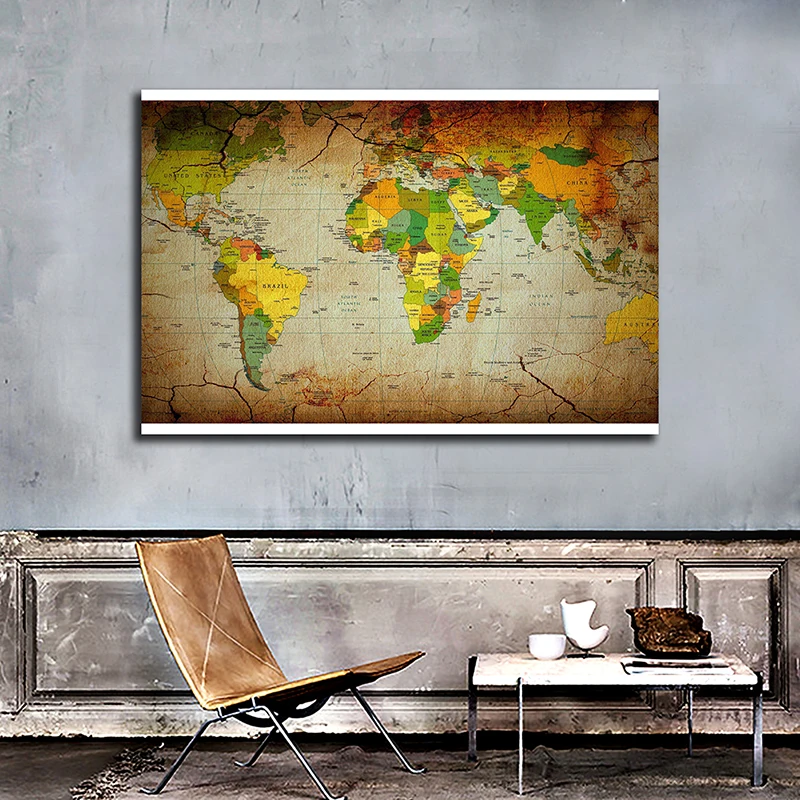 Tela não tecida mapa do mundo em inglês 225*150cm grande cartaz imprime parede decoração para casa crianças escola material de ensino