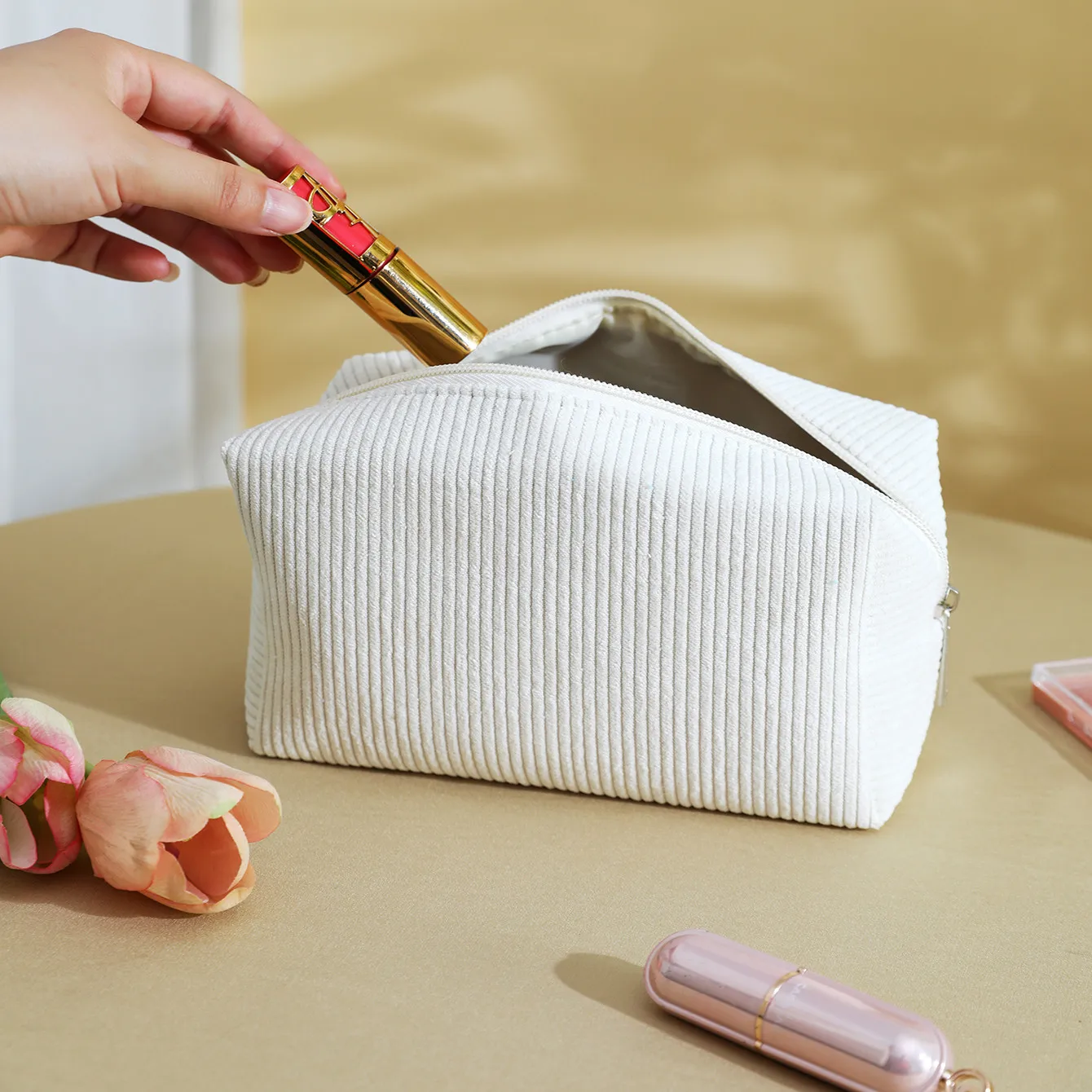 Women Corduroy Skincare Makeup Pouch simple style Cosmetic Bags Travel Zipper Pouch Makeup Organizer Stuff