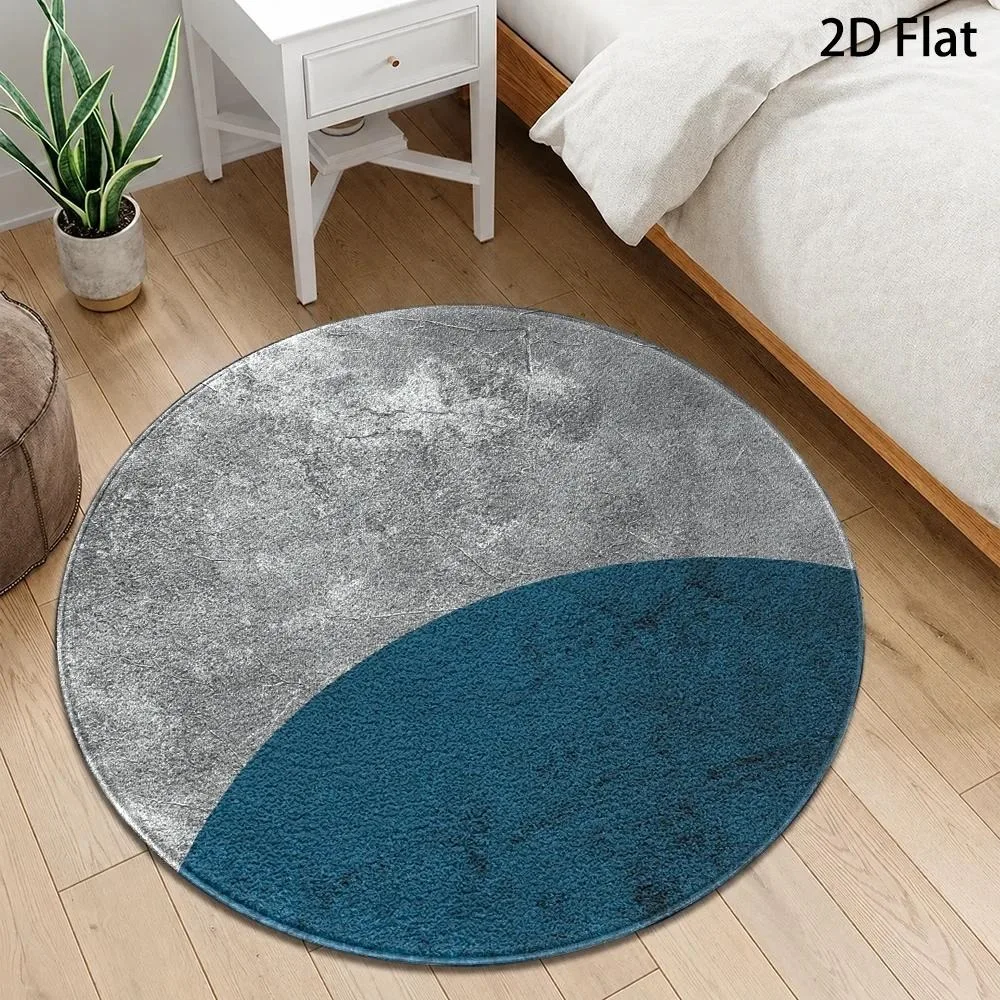 Minimalist Abstract Wave Round Rug,Cool‑Tone Blue Grey White Layered Swirl Pattern Printed Circular Floor Mat,Living Room