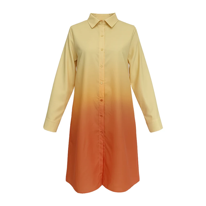 Yeezzi オフィスレディグラデーションカラーラペルシャツドレス女性ファッション長袖ルーズボタンエレガントパーティーイブニングミディドレス