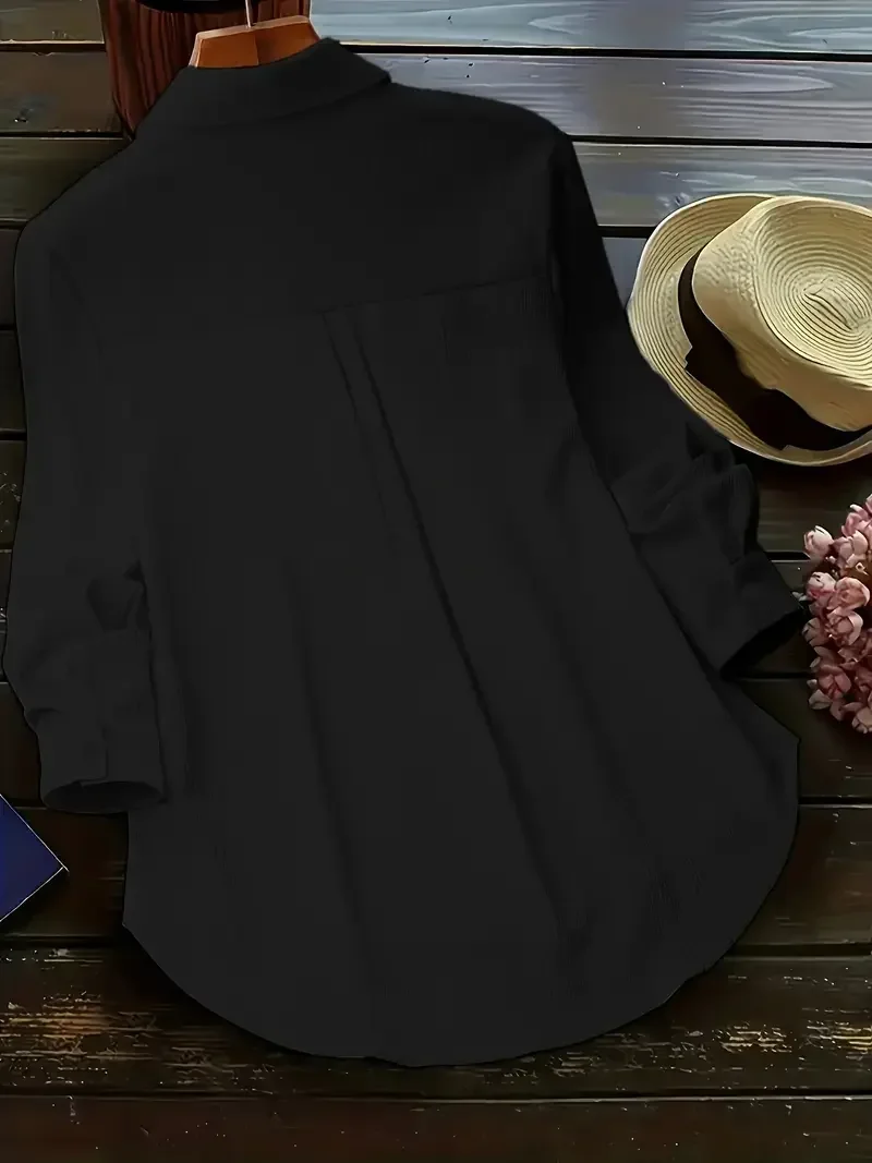Plus Size Women Cotton Linen Button Down Shirts Long Sleeve Lapel Shirt Tops Solid Color Loose Casual Tops 3