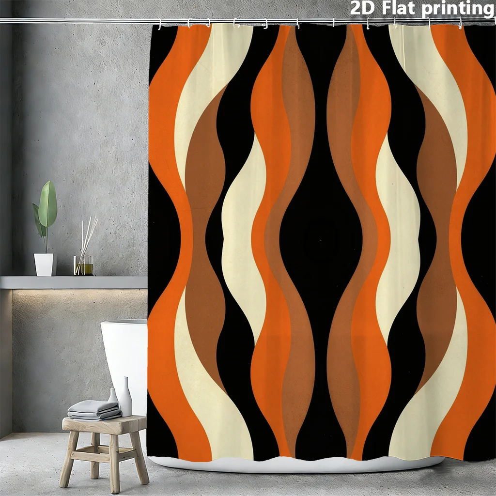 Retro Wave Shower Curtain – Orange, Terracotta & Cream Fluid Stripes on Black, Polyester, 12 Hooks, Water-Resistant, 72×72