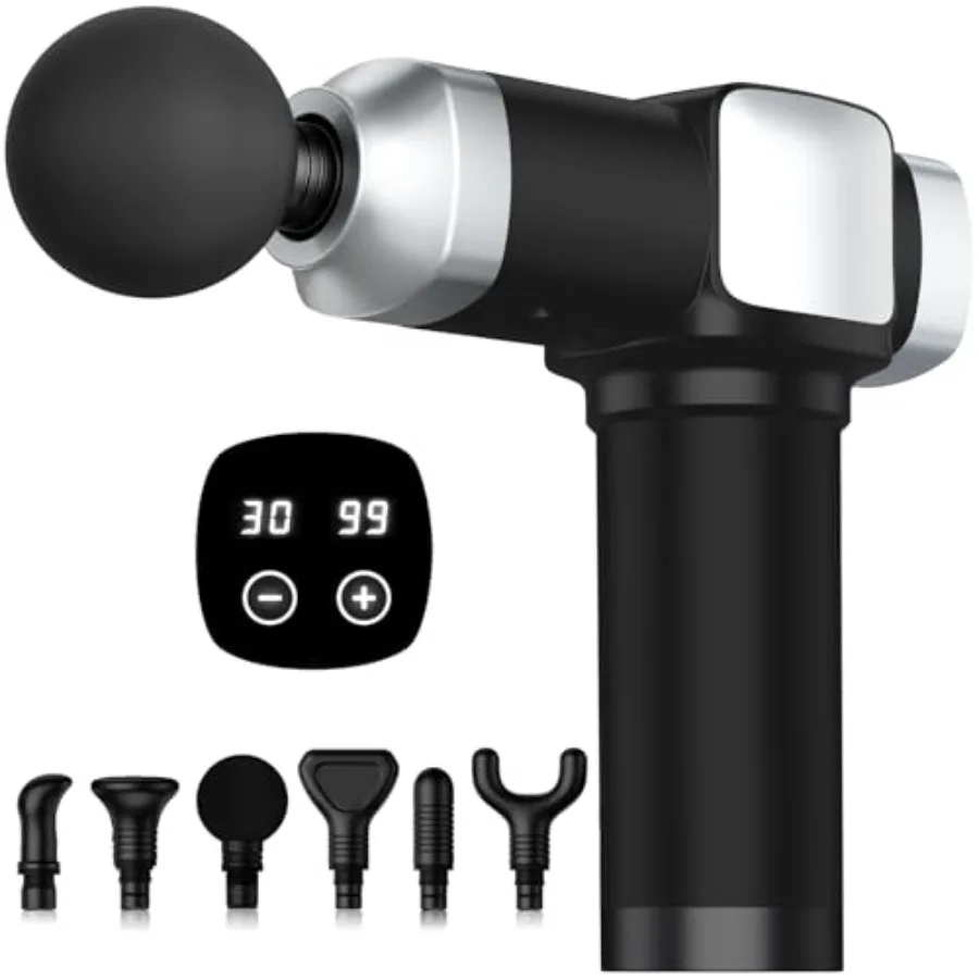 

Портативный перкуссионный электрический массажер для глубокого массажа тканей, для снятия боли, ручной массажер с 30 скоростями и 6 насадками