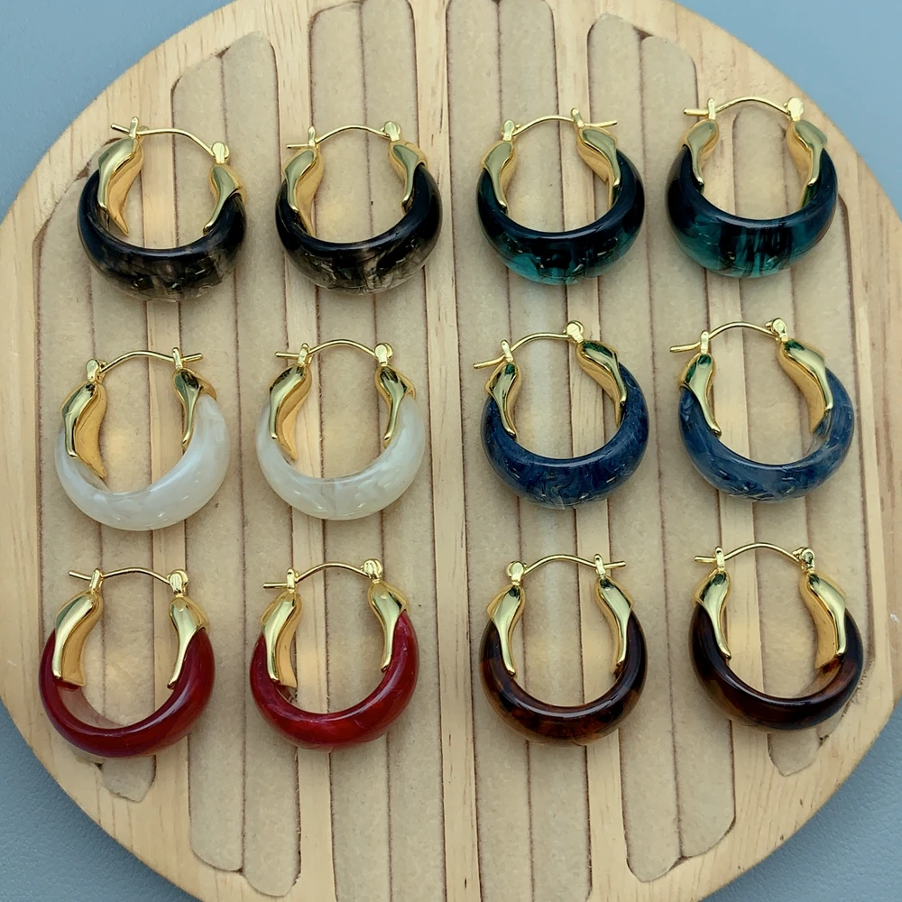 Vintage Maillard  Amber Colors Resin U-shaped Hoop Earrings for Women Fashion Gold Plated Daily Ear Jewelry Gifts