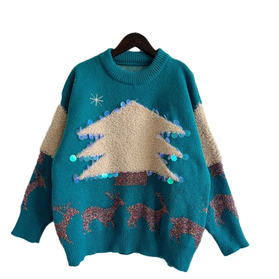 2023 Holiday Sweater Handmade Sequins Christmas Tree Little Deer Jacquard Thickened Pullover