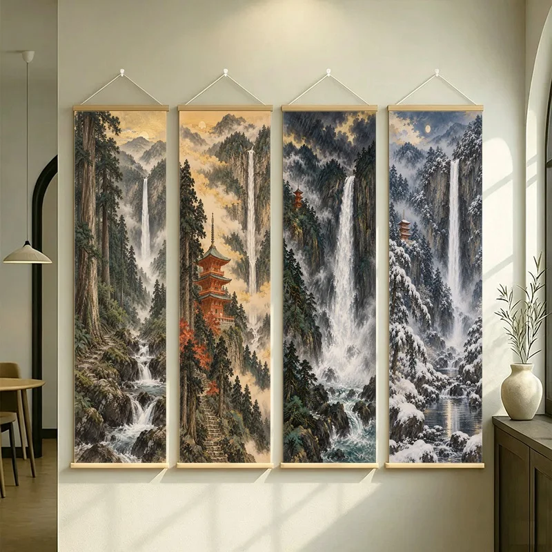 Japanese Wall Art Misty Forest Waterfalls and Pagoda on Silver Shimmer Canvas for a Quiet Bedroom Retreat Home Decor