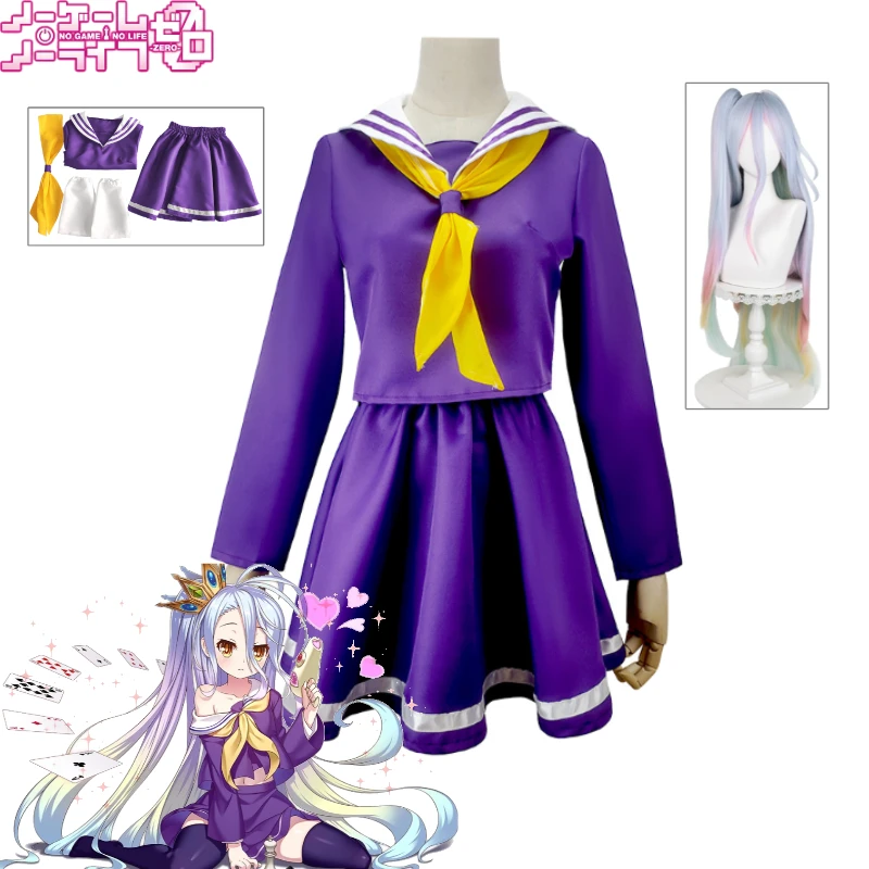 

No Game No Life Shiro Cosplay Costume Japanese Sailor Suit Purple Dress Thigh High Stockings Full Set For Women Cosplay Party