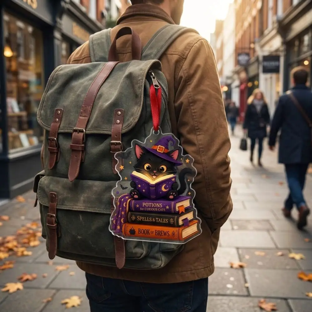 Car Pendant 2D Flat Reading Ghost Pendant Spooky Black Cat Reading Book Ghost Figurine Acrylic Halloween Bag Charm Holiday Party