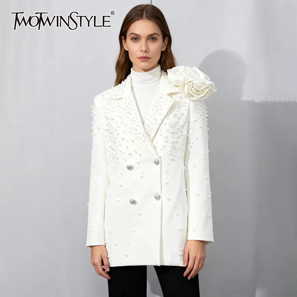 TWOTWINSTYLE Solido Impiombato Perline Eleganti Blazer per Le Donne Risvolto Maniche Lunghe Patchwork 3D Fiore Temperamento Giacca Sportiva Femminile Nuovo