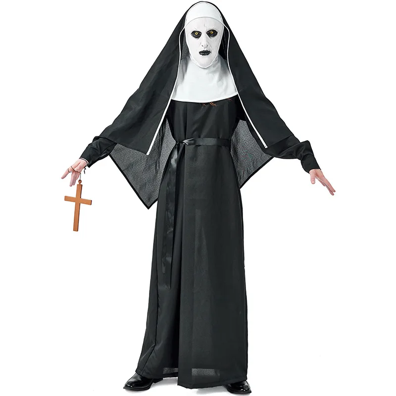 Halloween Witch The Nun Cosplay Costume Horror Cross Belt Mask Headwear Robe Set Films Cosplay Cross Ghost Halloween Costume