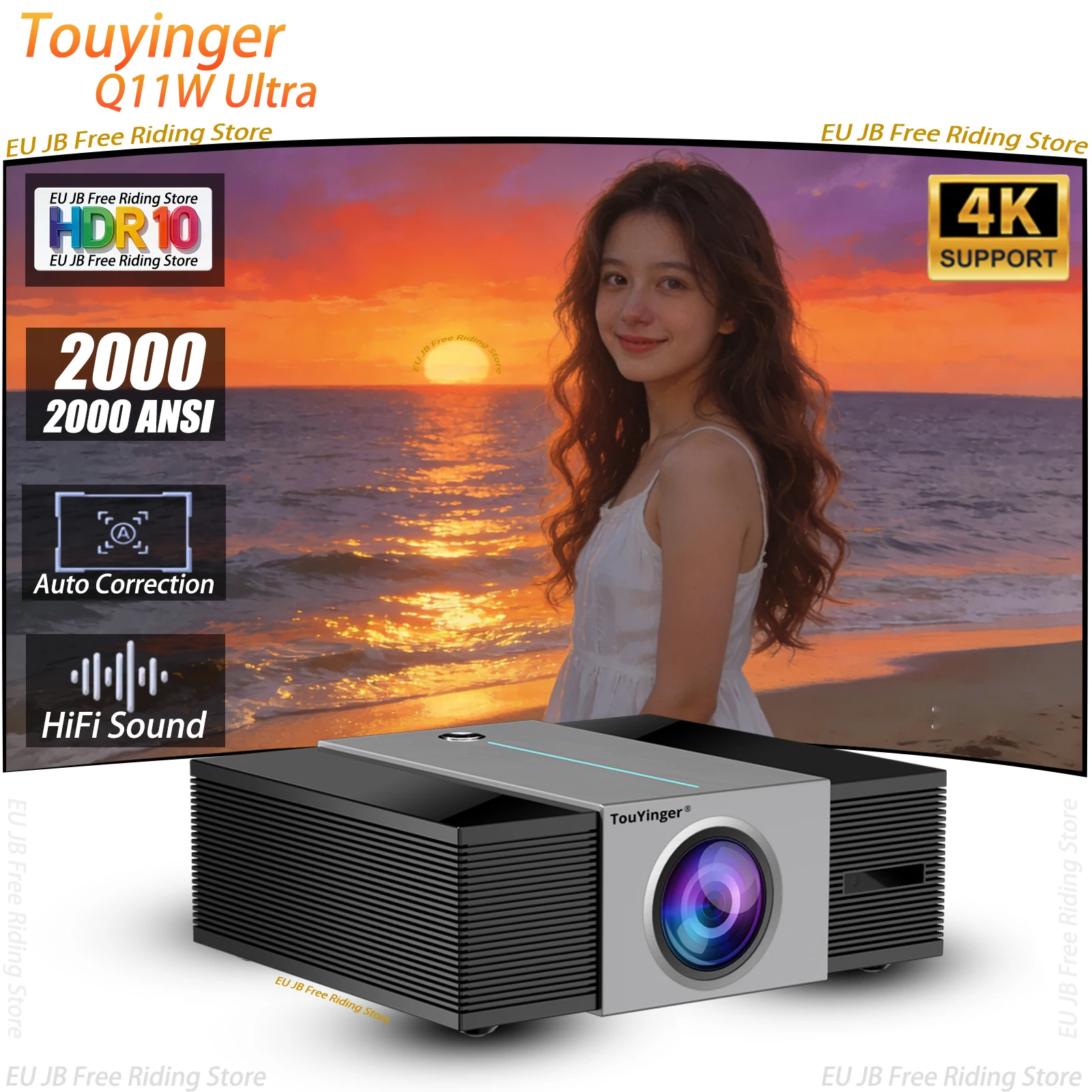 Proyector Q11W Ultra Compatible con 4K HDR Full HD 2000 ANSI, Enfoque Automático y Corrección Trapezoidal, Wifi6, Proyector de Nivel Cinematográfico para Interiores y Exteriores
