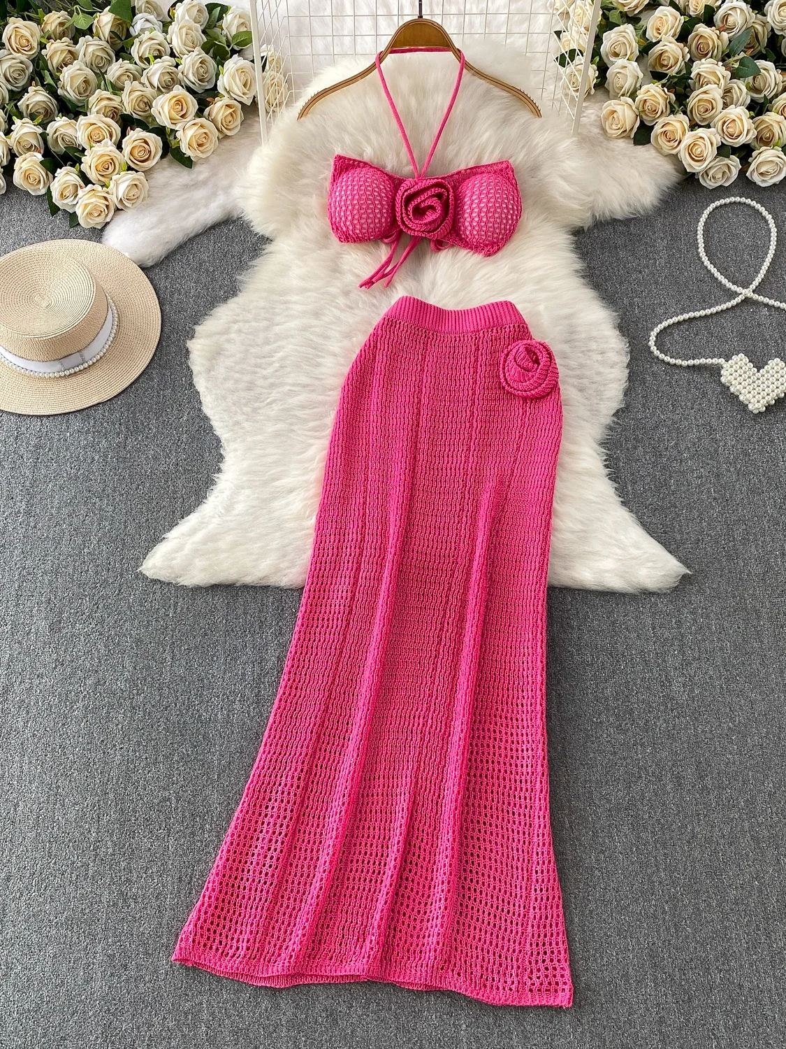 

Thai Elegant Knitted Vest Neck Hanging Hollow out Floral 3D Design High Waist Fish Tail Long Skirt Set Fashionable Ensemble