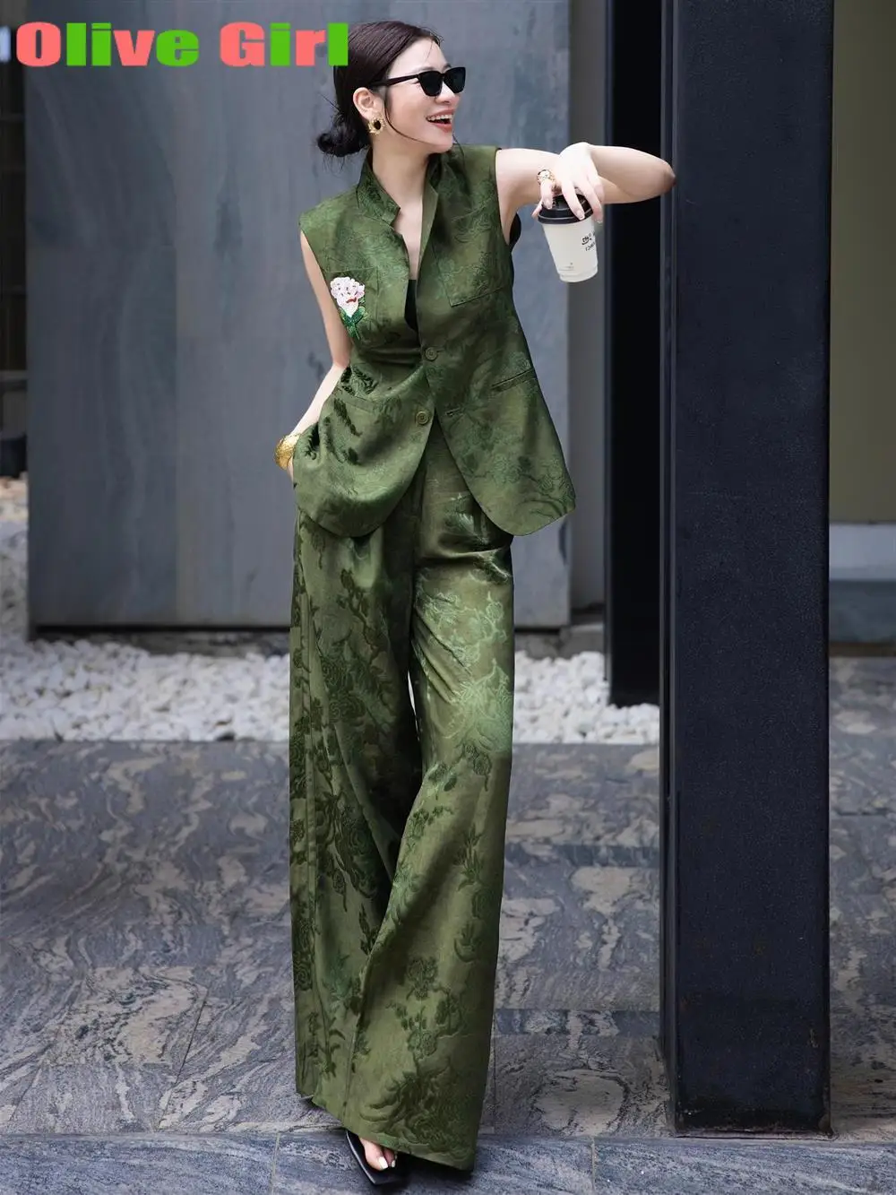 

Жаккардовый жилет с уксусной кислотой, топ, широкие брюки, комплект из двух предметов, женская одежда, элитный элегантный комплект