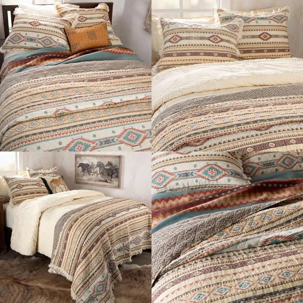

Rod's Indian Summer 3-Piece Quilt Set in Full/Queen Size - Phoenix Southwest Ruffle Design with Yellow, Red, Tan, and Turquoise