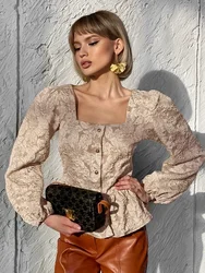 Elegancka moda Żakardowy splot Solidne bluzki damskie Puff Sleeve Ruffled Button Shirts Office Ladies Square Collar Top