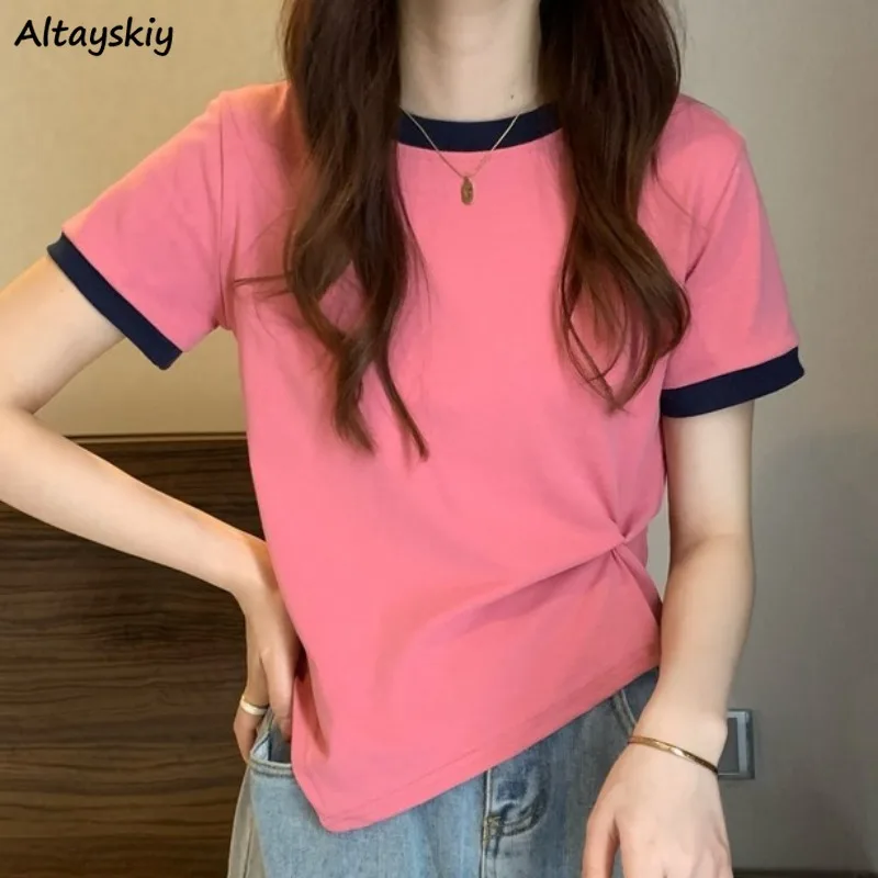 Chic T-shirts for Women Asymmetrical Design Niche Patchwork Casual Summer Short Sleeve Simple Young College All-match Ulzzang