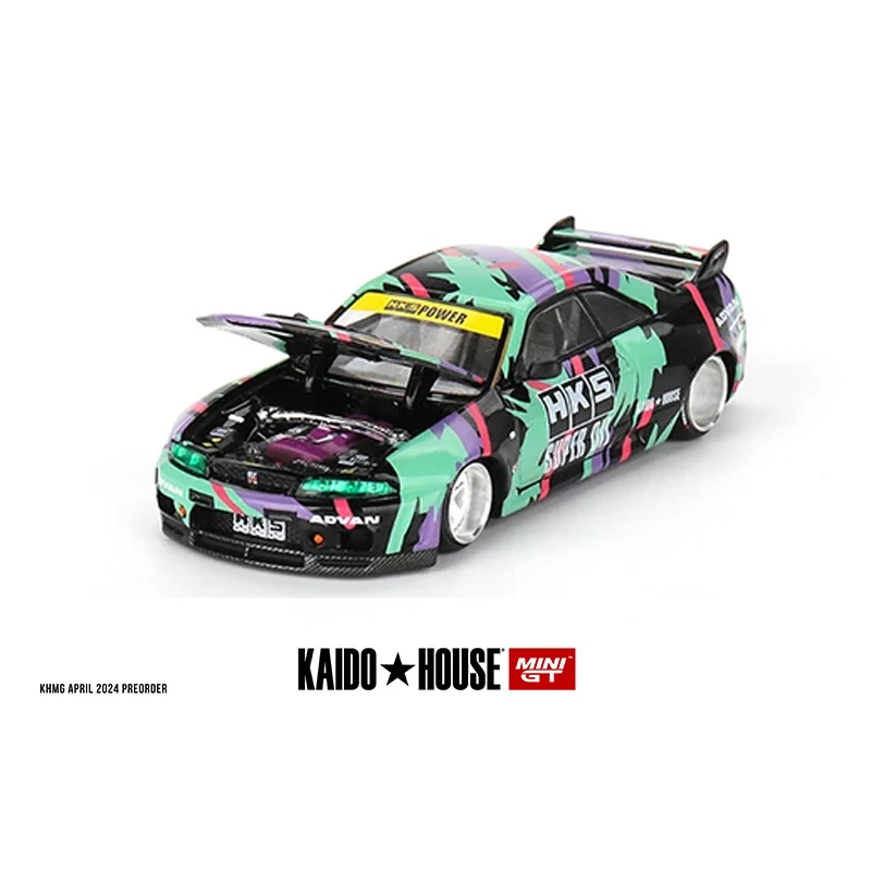 

В наличии 1:64 MINIGT KHMG129 Skyline GTR R33 HKS V1, открывающийся капюшон, литая под давлением диорама, модель автомобиля Kaido House