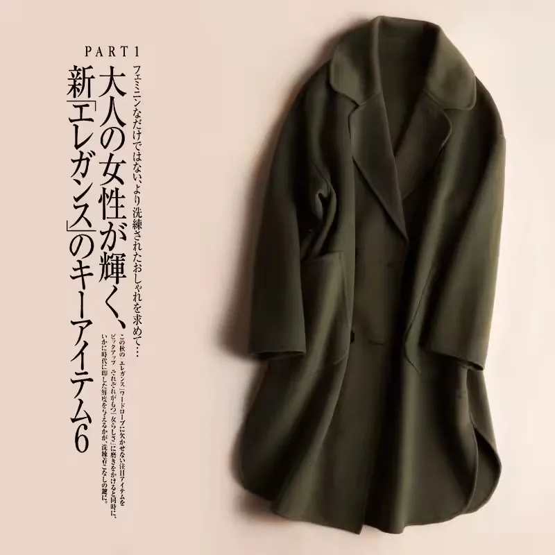 Damski wełniany płaszcz na jesień i zimę 2025, kołnierz wykładany, dwurzędowy, wełniany płaszcz w kolorze camel, ciepły płaszcz damski.