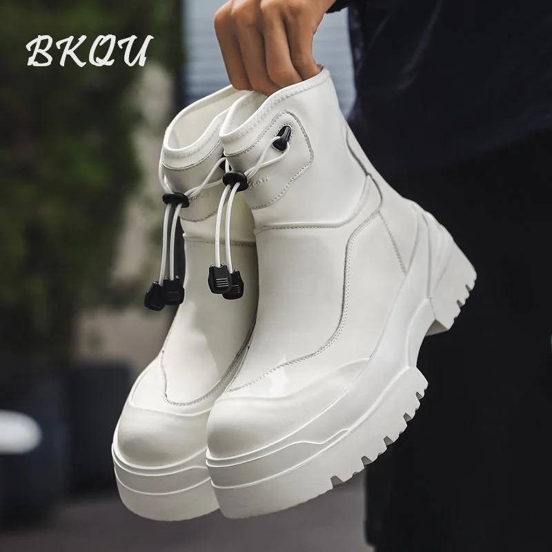 

BKQU White High Help Work Boots Hipster British Style Hiking Outdoor Hiking Winter Plus Fleece Platform Boots Men's Motorcycle