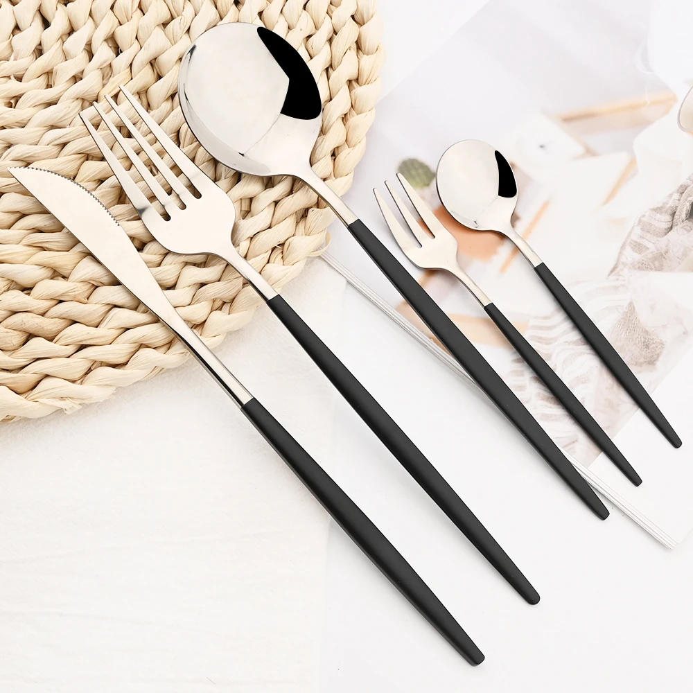 30pcs Black Silver Cutlery Set Knife Fruit Forks Cake Fork Tea Spoon Dinnerware Stainless Steel Tableware Set Party Kitchen Tool