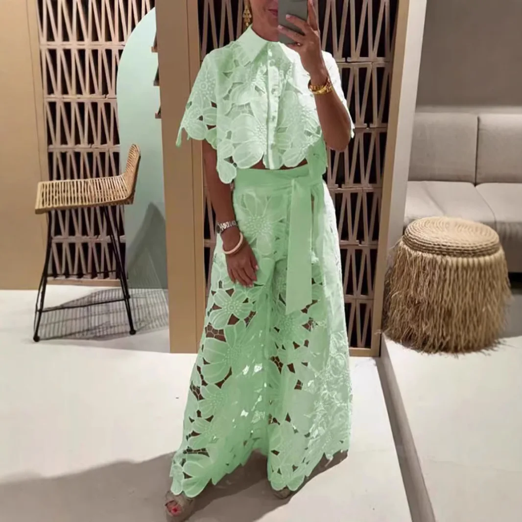 Sexy Lace Hollow 2-piece Set Fashion New Shirt Top + Wide-leg Pants Women Suits Fashion Solid Color Elegant Casual Sets Female