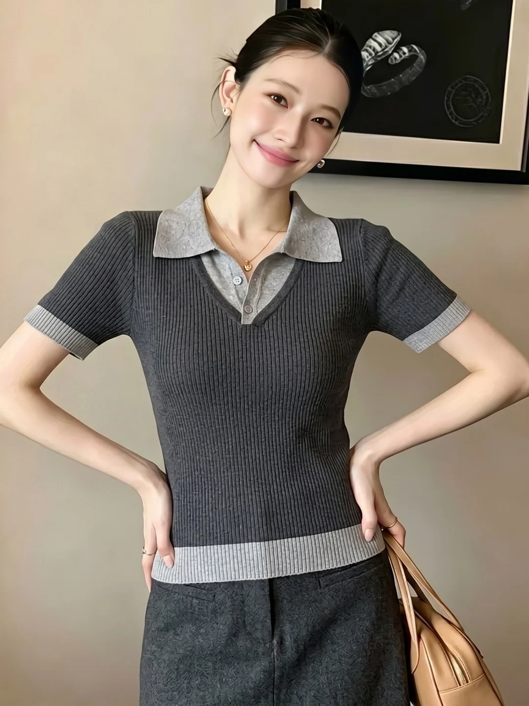 

Neck Knitted Sweater Short Sleeve Slim Fit Commute Top Color Block Design Korean Style Summer Fashion Women's Silk Blend
