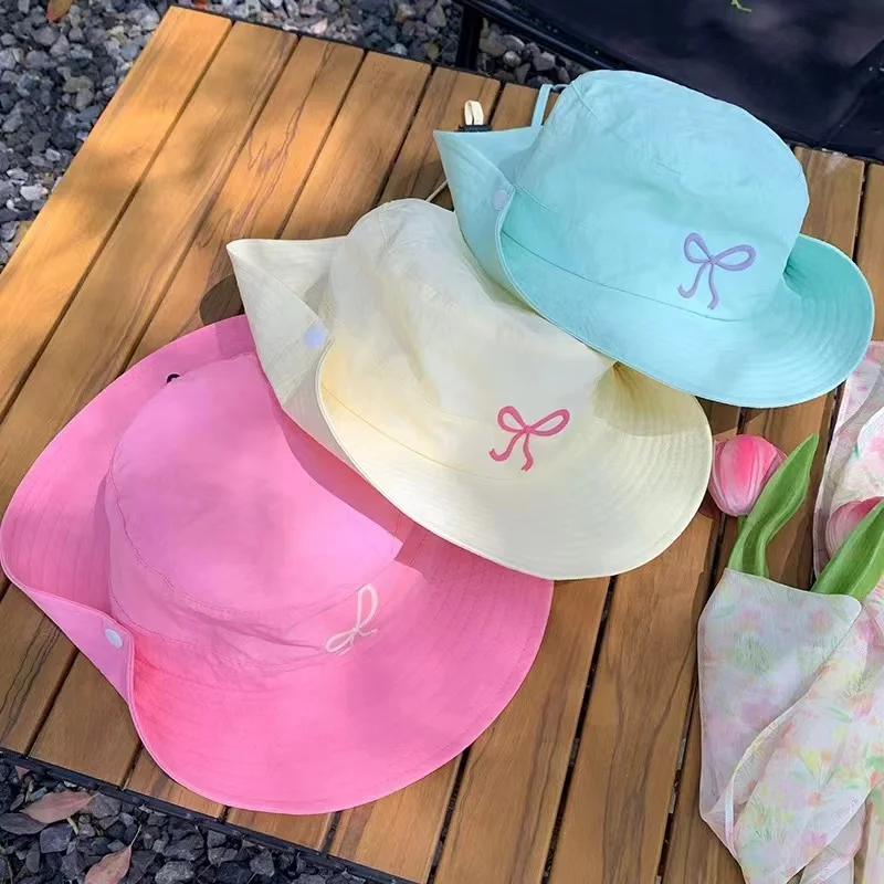 

Korean Cute Bowknot Women Summer Sun Hat Quick Drying Fisherman Hat Outdoor Wide Brim Anti-uv Protection Adjustable Bucket Hat