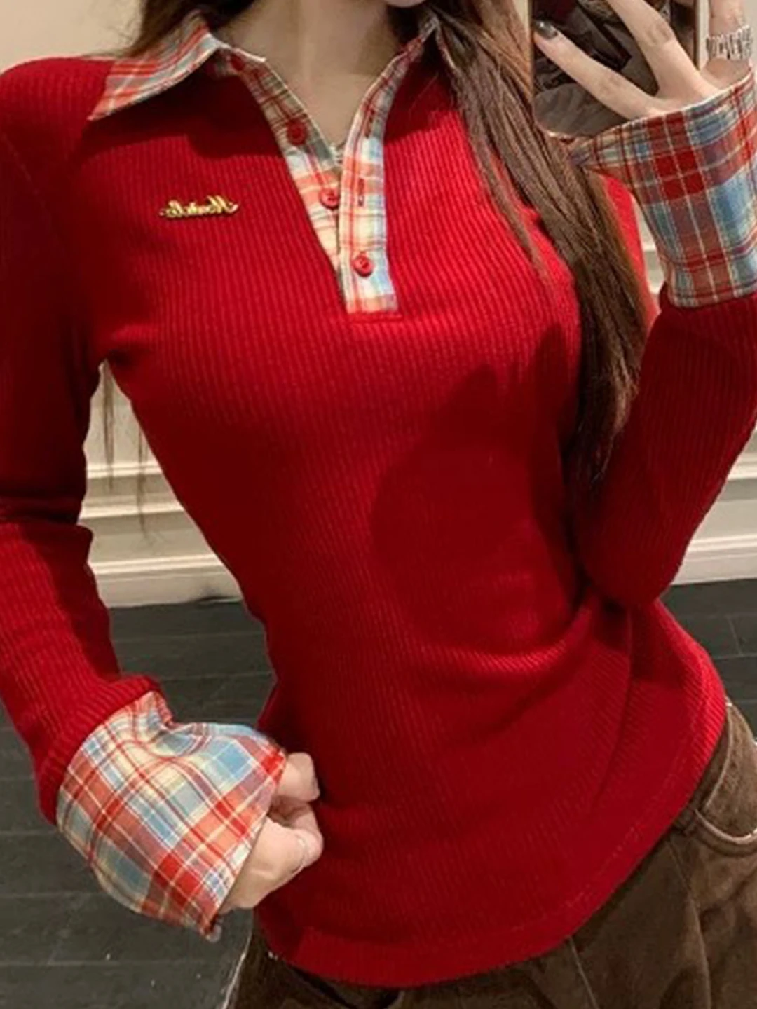 Sweet And Spicy Red Atmosphere Checkered Fake Two-Piece Long Sleeve  Neck Knitwear Women's Slim Fit Spring Autumn Top