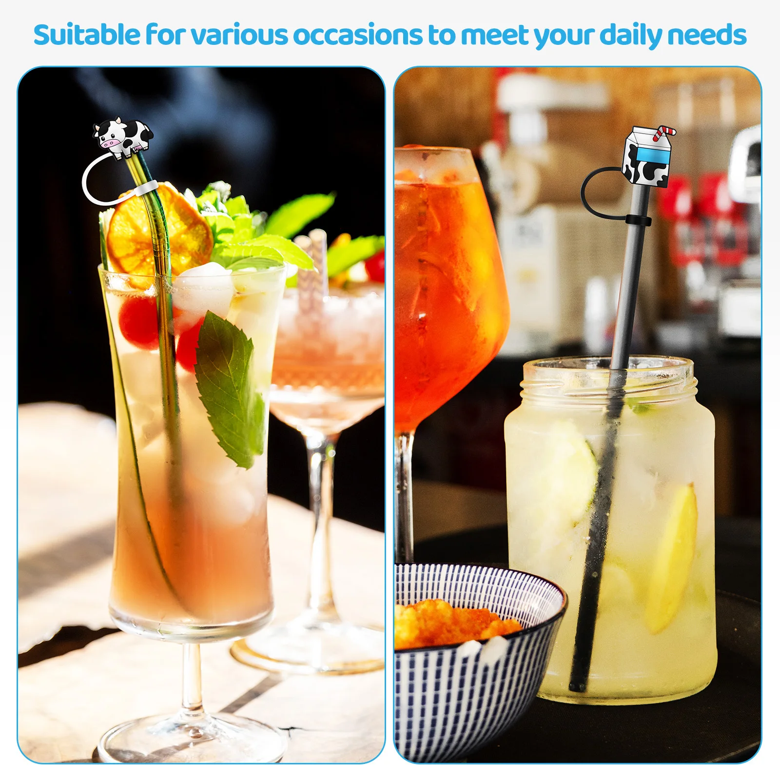 

10 pcs Silicone Straw Covers Cow Shape Reusable Dust-Proof Caps For Straws Drinking Accessories Bar Kitchen Tools Straw Stoppers