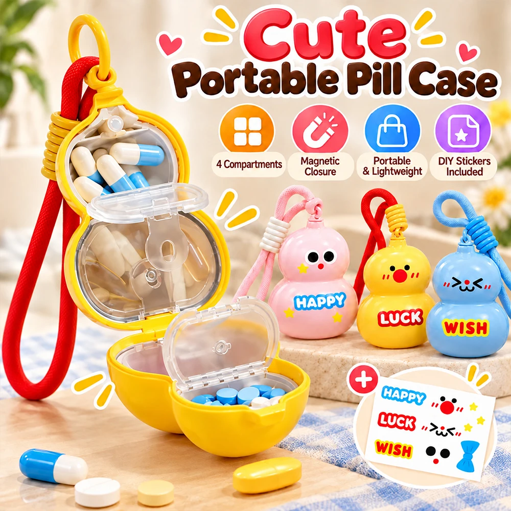 Cute Gourd Pill Case 4 Grid Portable Medicine Box,Mini Magnetic Pill Organizer with Keychain,Travel Medication Storage Container