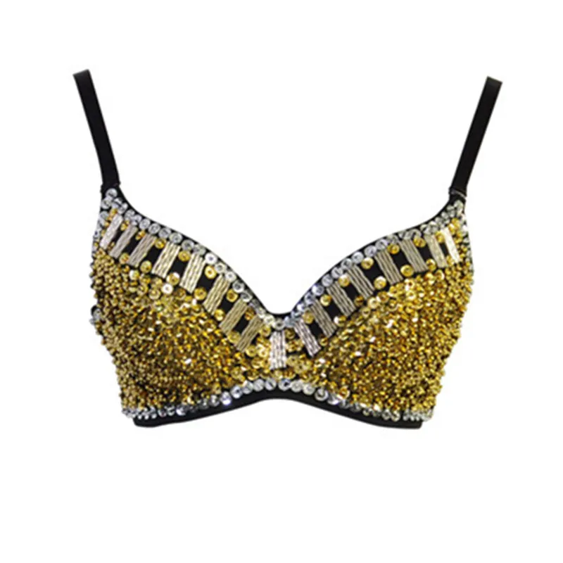 Women Punk Striking Sequins Beaded Bra Top Golden Silver Club Party Bikini Gothic Plunge Wire Free Bralete Bustier Sexy Lingerie