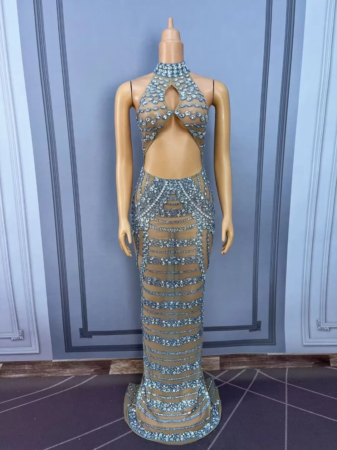 Luxurious Shining Rhinestones Sexy Nude Mesh Hollow out Dress Women Birthday Evening Prom Gowns Show Red carpet Stage Wear view 6