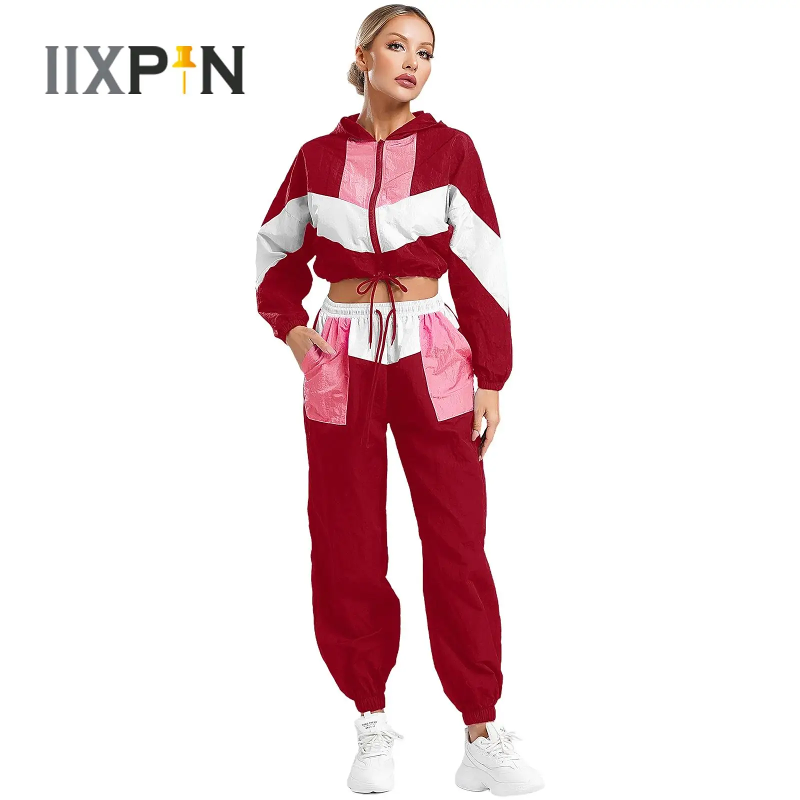 

Hot Sale 2Pcs Sport Set Womens Spring Autumn Long Sleeve Color Block Zipper Hooded Jacket Outerwear+Drawstring Pants Tracksuit