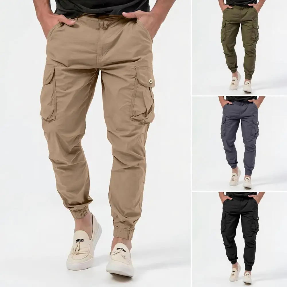 FJMen-Pantalon cargo taille moyenne pour homme avec poches multiples, poche latérale, bouton, fermeture à glissière, doux, respirant, rinçage